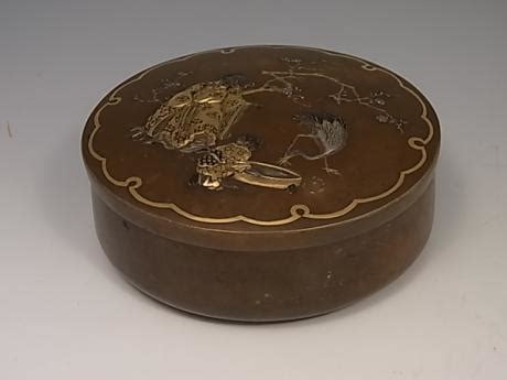 japanese early 20th century bronze circular covered box mixed metal|Japanese Mixed Metal Box .